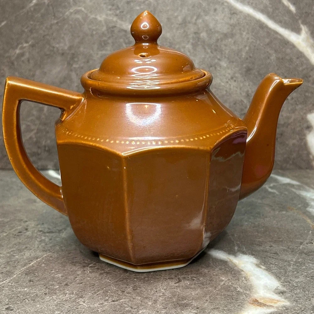 Vintage Ceramic Teapot Caramel Brown Glazed Tea Pot with Lid Dotted Trim Japan